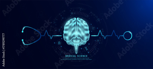 Organ brain hologram in transparent with stethoscope. Genetic icons are around. Medical science banner dark blue. Health care concept. Vector EPS10.
