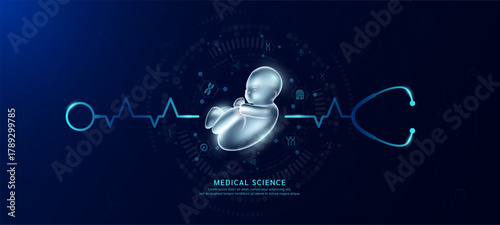 Embryo hologram in transparent with stethoscope. Genetic icons are around. Medical science banner dark blue. Health care concept. Vector EPS10.