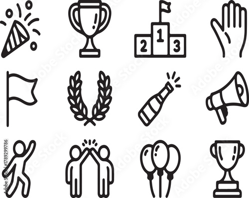 Collection of celebration and achievement icons, including trophies, flags, and confetti, representing success and winning