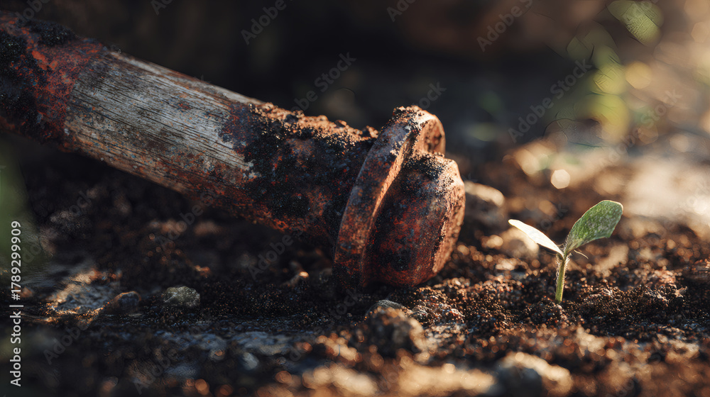Fototapeta premium A small sprout grows near a rusty bolt in the soil, symbolizing resilience and new beginnings.