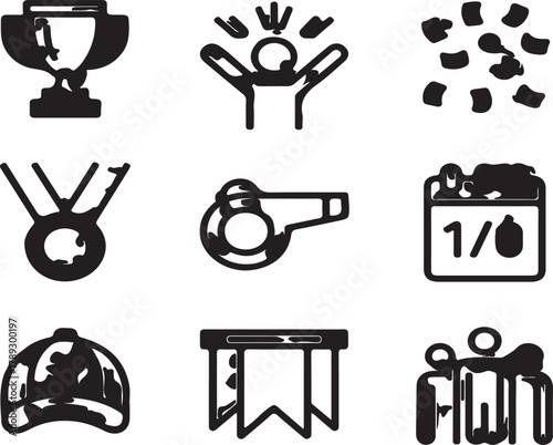 Collection of sports and celebration icons, including trophies, medals, whistles, calendars, banners, and cheering figures, symbolizing achievement and competition
