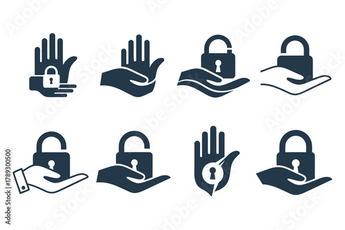 Collection of hand icons with locks and keys symbolizing security and protection, symbolic Logo, Vector Art, Logo Design