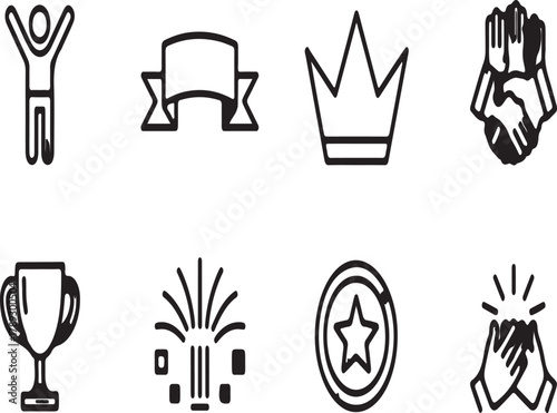 Collection of Achievement and Success Icons Trophy, Crown, Ribbon, Clapping Hands, Star Coin, Fireworks, and Celebration