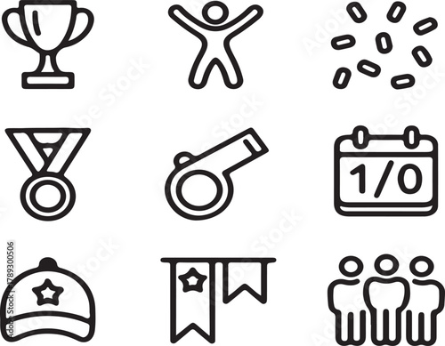 Collection of sports competition and victory line icons featuring a trophy cup, medal, whistle, and symbols of celebration and teamwork