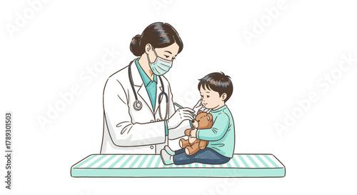 A caring female pediatrician, wearing a mask, gently examines a young boy's throat during a routine check-up, with the child holding a comforting teddy bear.