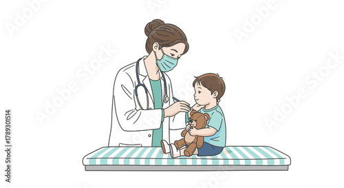 A caring female doctor wearing a mask conducts a gentle medical examination on a young boy holding a teddy bear in a clinic setting.