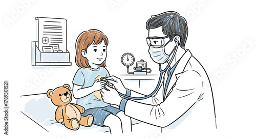 A caring pediatrician wearing a mask gently examines a happy young girl with a stethoscope during her routine medical check-up, ensuring her well-being.