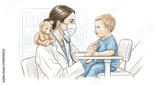 A caring female doctor, with a teddy bear, uses a stethoscope to examine a young child during a routine pediatric check-up in a clinic.