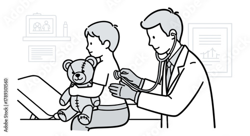A caring male doctor performs a gentle medical check-up on a young boy, who finds comfort holding his teddy bear during the examination in a clinic setting.