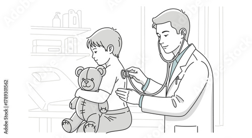 A friendly male doctor attentively examines a young boy's back with a stethoscope as the child holds his teddy bear during a medical check-up.