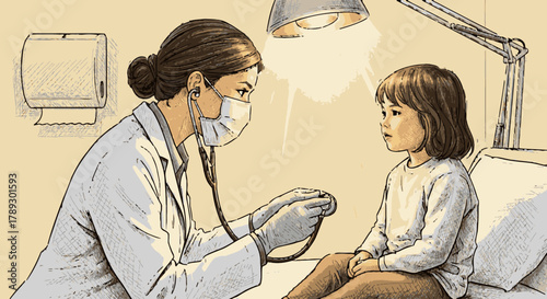 A compassionate female doctor, masked and gloved, attentively examines a young child with a stethoscope during a routine medical check-up in a clinic.