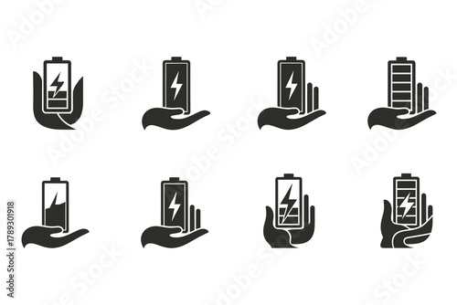 Set of battery icons held in hand showing charge levels, symbolic Logo, Vector Art, Logo Design