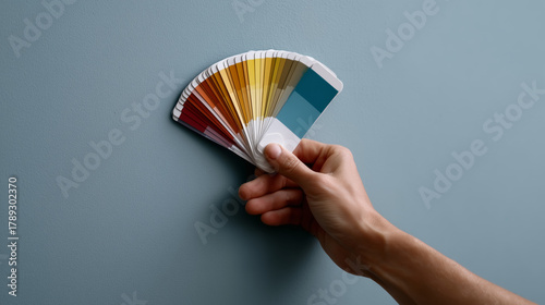Hand Holding Color Palette Against Blue Wall for Interior Design Inspiration and Home Renovation Projects Featuring Various Color Swatches