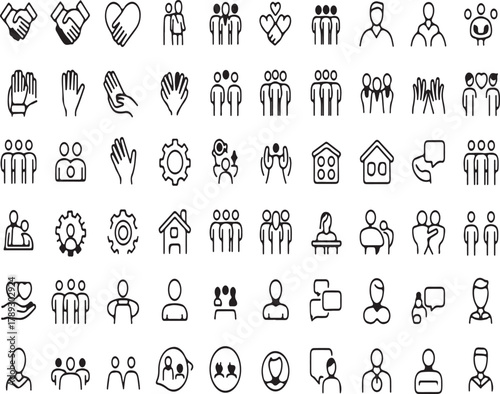 Versatile Set of Outline Vector Icons Depicting Key Concepts of Human Interaction, Community, Business Partnerships, and Social Relationships, Ideal for Digital Design