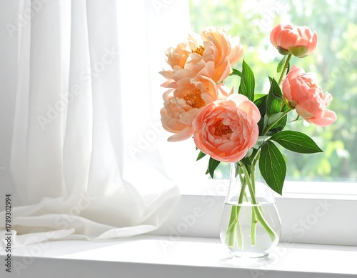 Fototapeta Naklejka Na Ścianę i Meble -  Peach peonies in vase by window