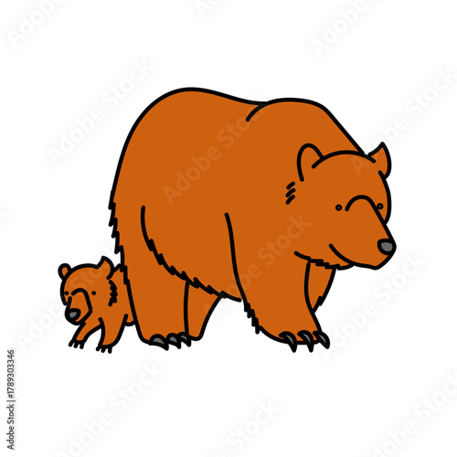 母グマと子グマが寄り添って歩く姿を描いたベクターイラスト｜親子の絆や自然の温かさを感じるかわいらしい動物デザイン素材