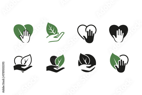 Set of hand holding leaf and heart icons for nature and care concepts, symbolic Logo, Vector Art, Logo Design