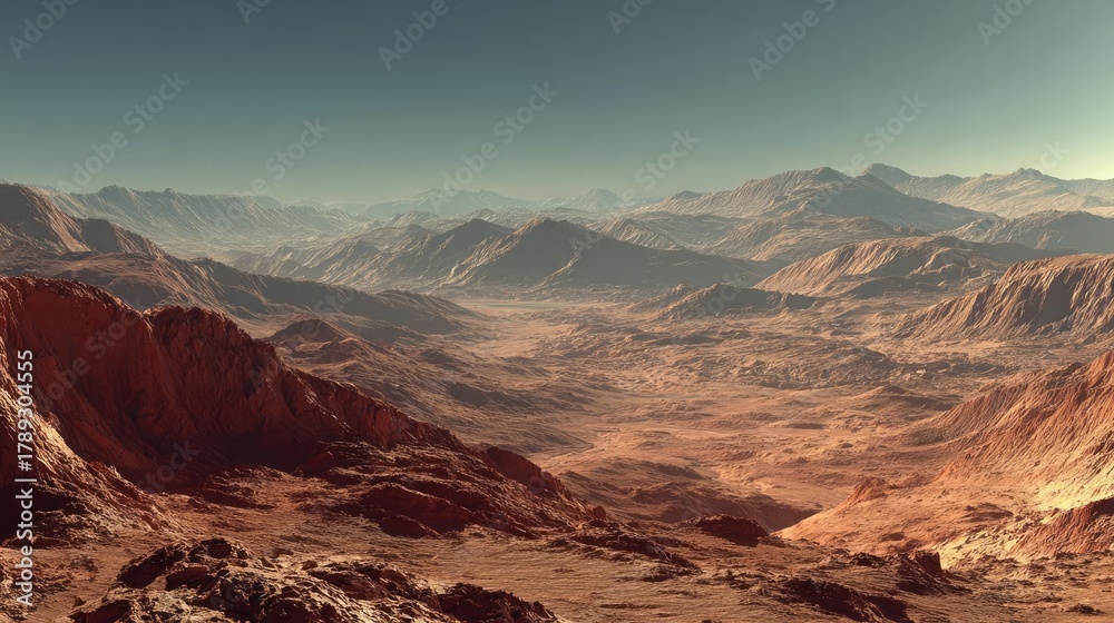 Naklejka premium Mars landscape showing rock desert and sky concept. Stunning mountainous landscape under a clear blue sky.