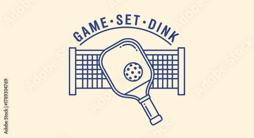 A minimalist line art graphic of a pickleball paddle and ball in front of a net with the text 'Game-Set-Dink'.
