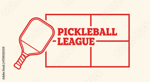 A minimalist red outline logo for a pickleball league, featuring a paddle and court on a light background with text.