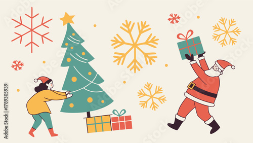 Nordic style flat Christmas vector set featuring reindeer, knitted sweater pattern, wooden star, pine cones, sleigh, warm mittens, Christmas lights, snowflakes, and festive typography elements