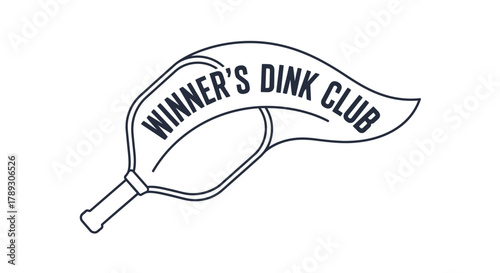 A black and white line art illustration of a pickleball paddle with a banner wrapped around it that says 'WINNER'S DINK CLUB'.