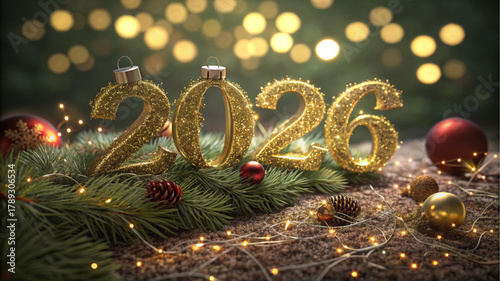 Sparkling gold 2026 numbers, featuring a hanging ornament loop, are nestled in pine branches and red baubles against a backdrop of warm Christmas lights, evoking joy and tradition.