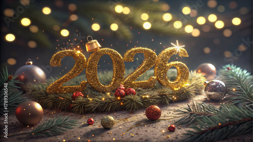 Glittering golden 2026 ornaments rest on a bed of pine needles and scattered lights, surrounded by red baubles and pine cones, capturing the Christmas spirit.