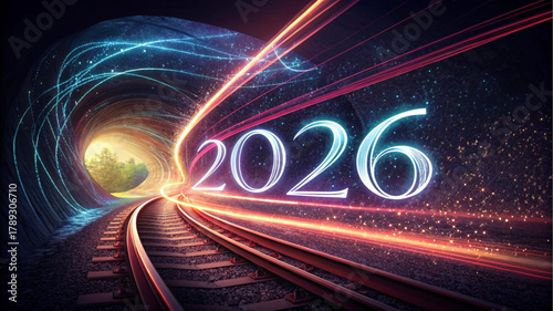 The glowing 2026 speeds down a railway track emerging from a dark tunnel, illuminated by bright, fast-moving light trails.