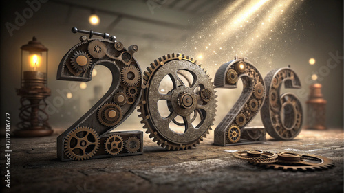 The number 2026 is intricately constructed from vintage, bronze and iron gears and clockwork mechanisms.
