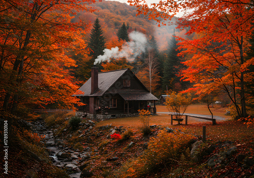 Autumn cabin in a colorful forest