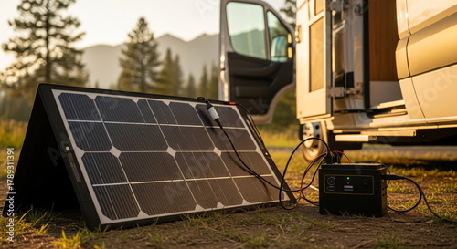 Portable solar panel charging a battery on a camper van. Alternative energy solution for outdoor adventure trip.