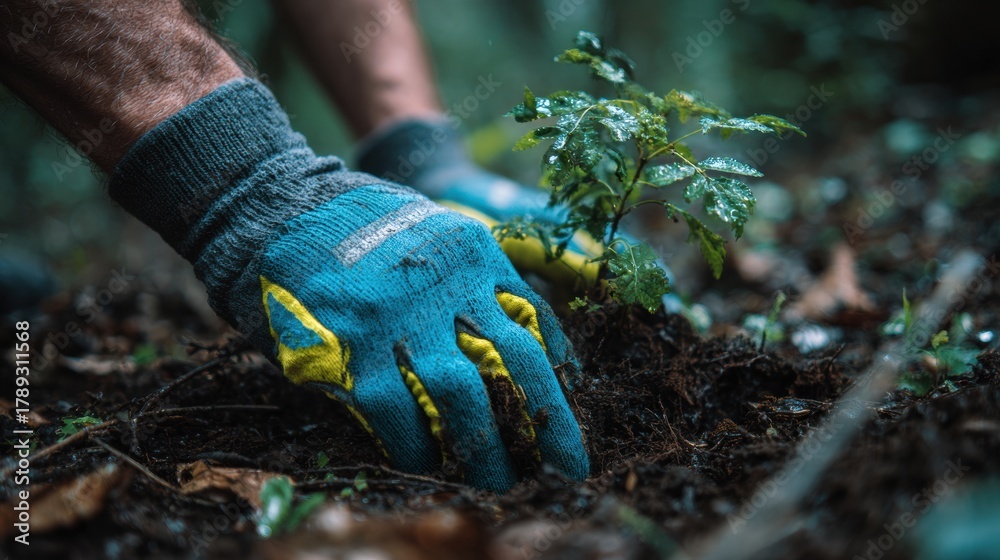 Naklejka premium Man Plants Seedling in Forest for Nature Care and Reforestation Efforts During Sunny Day in Springtime