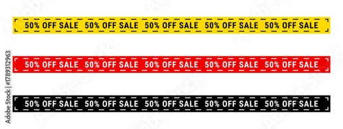 Creative red and yellow sale strip ribbon vector set with bold 50 percent off text ideal for discount offers advertising banners clearance promotion graphics and marketing sale campaign 