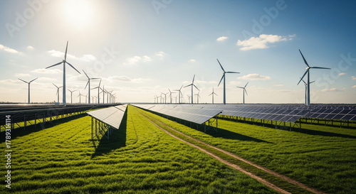 Wind turbines and solar panel field generating clean electricity. Renewable green energy production for sustainable future footage.