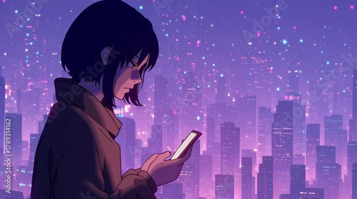 Anime Girl Looking at Cellphone on Rooftop at Night with City Lights Below