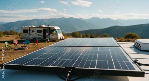 Solar panel on camper van roof at sunrise. Renewable clean energy for sustainable travel. Road trip power generation footage.