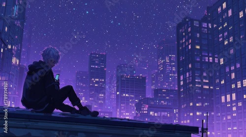 Anime Boy Looking at Cellphone on Rooftop at Night with City Lights Below