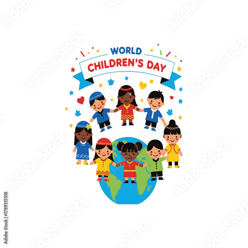Happy World Children's Day Vector Illustration: Cute Cartoon Kids of Different Races United in Peace, Love, and Friendship Standing on Planet Earth