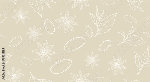 Seamless white line art pattern featuring aromatic star anise, fresh tea leaves, and coffee beans on a beige background, perfect for textiles or packaging.