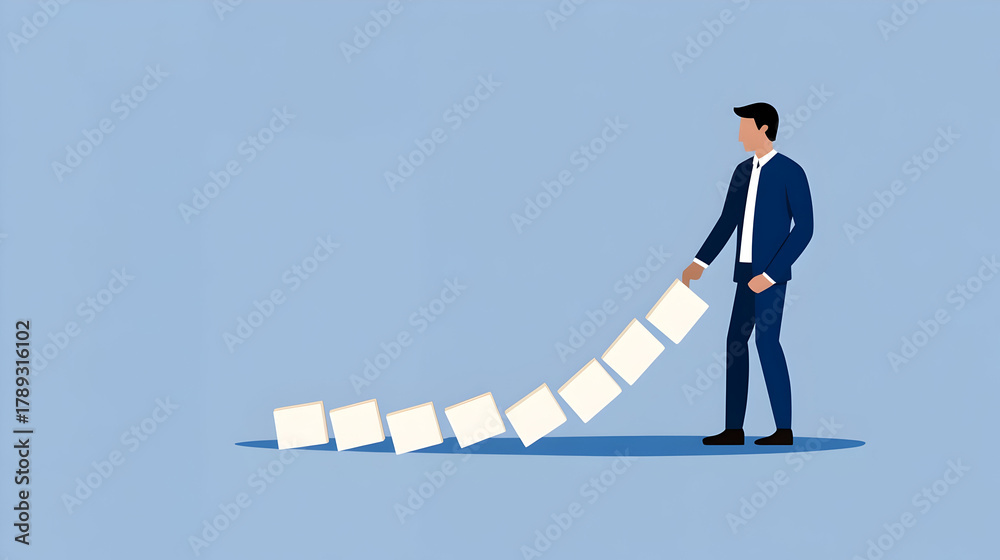 Fototapeta premium Cartoon man stopping domino effect. Generated Ai
