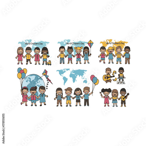 World Children's Day Vector Collection: Diverse Kids Holding Hands for Global Unity, Playing with Kites, Balloons, and Music, Celebrating Peace and Child Rights