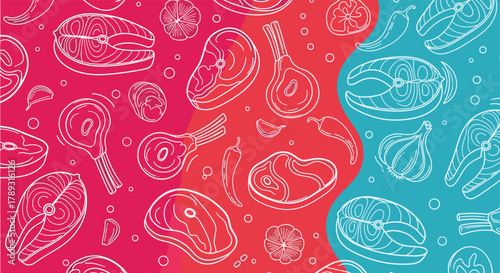 Outline seamless pattern featuring various cuts of meat, salmon steaks, and culinary spices like garlic and chili peppers on a dual-toned background.