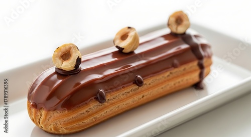 Delicious chocolate eclair with hazelnut garnish on white plate