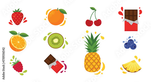 Vibrant flat-design illustrations featuring a variety of fresh fruits and chocolate bars with splashes, ideal for food and beverage themes.