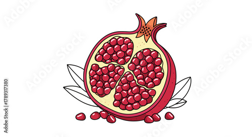 Vibrant illustration of a fresh pomegranate cut in half, showcasing its juicy red arils and a few loose seeds, surrounded by simple leaf outlines.