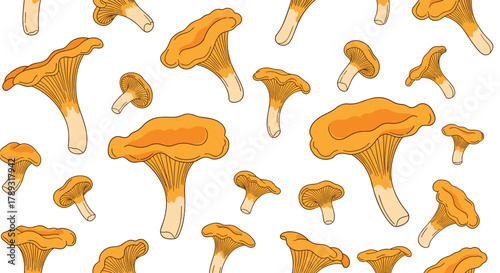 Seamless pattern of vibrant, hand-drawn orange chanterelle mushrooms in various sizes, illustrated in a charming cartoon style on a clean white background.