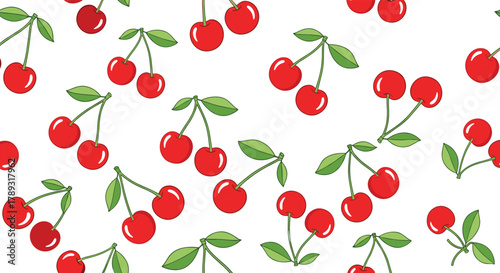 Seamless pattern of cute red cherries with green leaves and stems, scattered on a white background, creating a fresh and sweet fruit design.