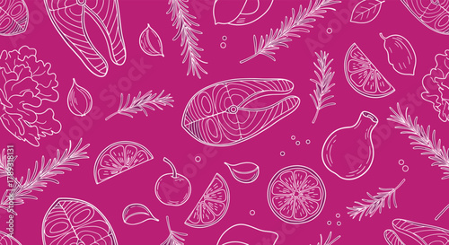 Seamless pattern of white line art illustrations depicting salmon, lemons, rosemary, and garlic on a vibrant magenta background.