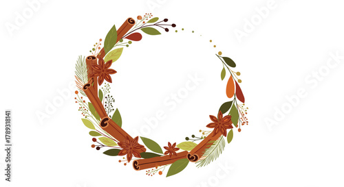 An illustration of a festive wreath made of cinnamon sticks, star anise, and various autumn leaves and berries, perfect for holiday greetings.